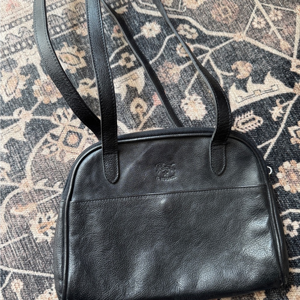 Black Leather Shoulder Bag with Glossy Finish